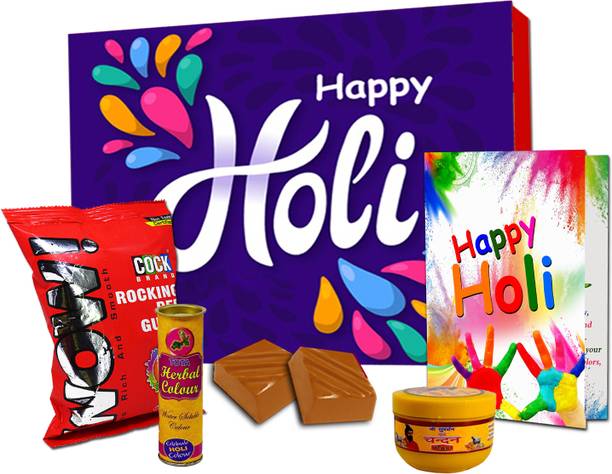 Midiron Gift Hamper For Holi Celebrations (Handmade Chocolate, Happy Holi Greeting Card) Paper Gift Box