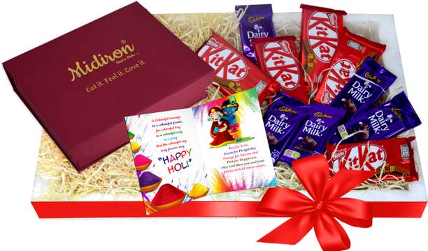 Midiron Holi Gift Hamper | Holi Greeting Card with chocolates Paper, Plastic Gift Box
