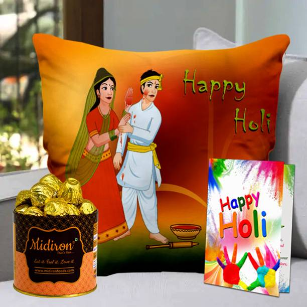 Midiron Happy Holi Gift Chocolate Combo | Printed Cushion, Holi Greeting Card Fiber Gift Box