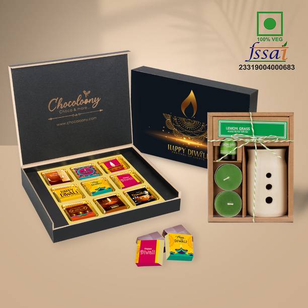 Chocoloony Diwali Gift For Family & Friends, 9 Pcs Chocolate Box with Aroma Oil Burner Set Paper Gift Box
