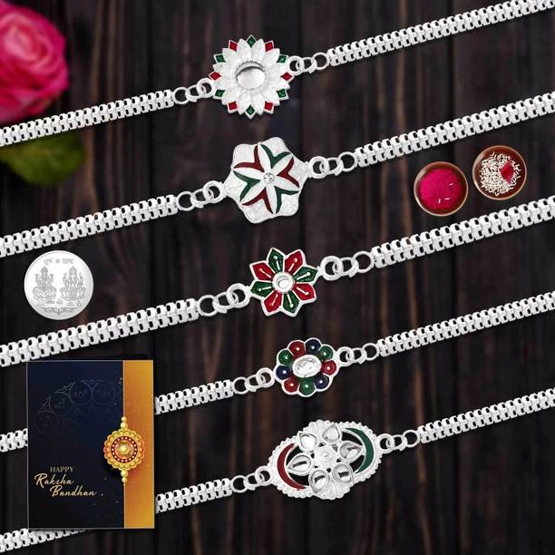DeoDap Rakhi gift for brother with Greeting Card|Rakhi Set of 5|Silver Coin|Y22K5_NC30 Assorted Gift Box