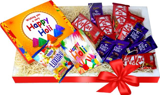 Midiron Happy Holi Gift Hamper | Chocolates with Herbal Color and Greeting Card Paper, Plastic Gift Box