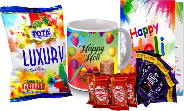 Midiron Holi Herbal Gulal Gift Pack| Holi Colour Herbal Gulal| Chocolate Bar Gift Hamper Ceramic Gift Box