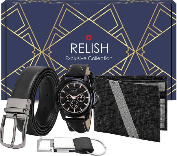 Relish Black Watch, Wallet, Belt and keychain Combo for Men .Diwali Gift for Bestfriend Paper Gift Box