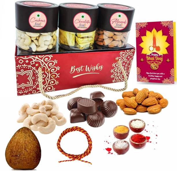 FabBites Bhai Dooj Gift for Brother-Tilak Set with Chawal and Greeting Card for Bhaiya Assorted Gift Box