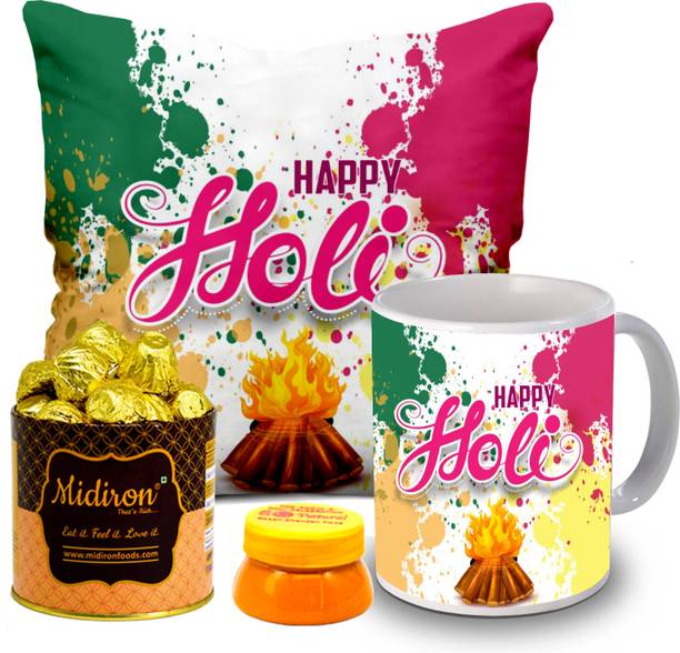 Midiron Holi Combo Gift Hamper with Gulal Tilak, Coffee Mug Fiber Gift Box