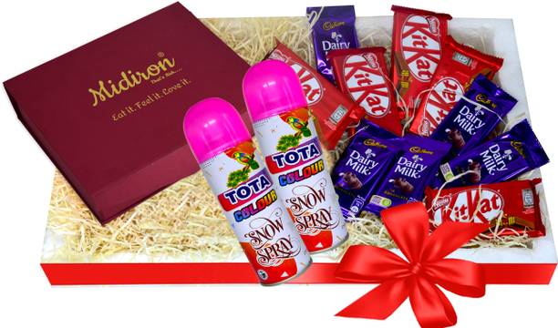 Midiron Holi Gift Hamper | Holi Herbal Snow Spray with chocolates Paper, Plastic Gift Box
