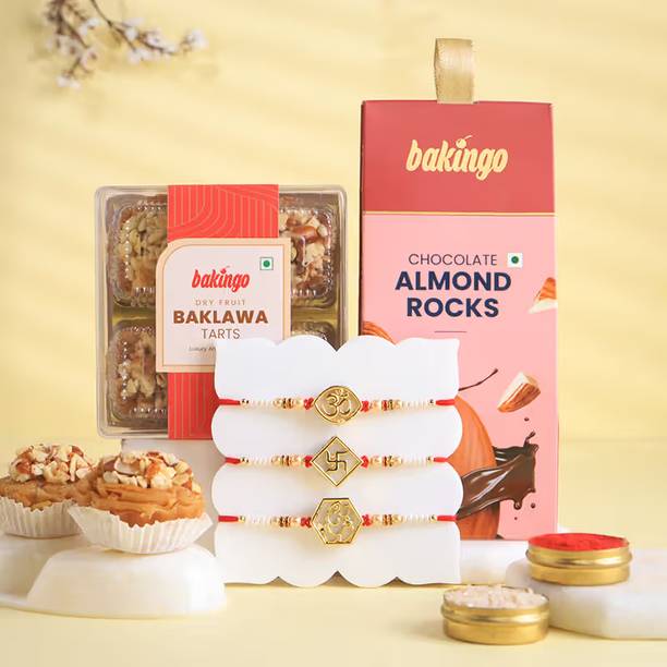 Floweraura Divine Rakhi Set of 3 with Almond Rock & Baklawa Tarts Paper Gift Box