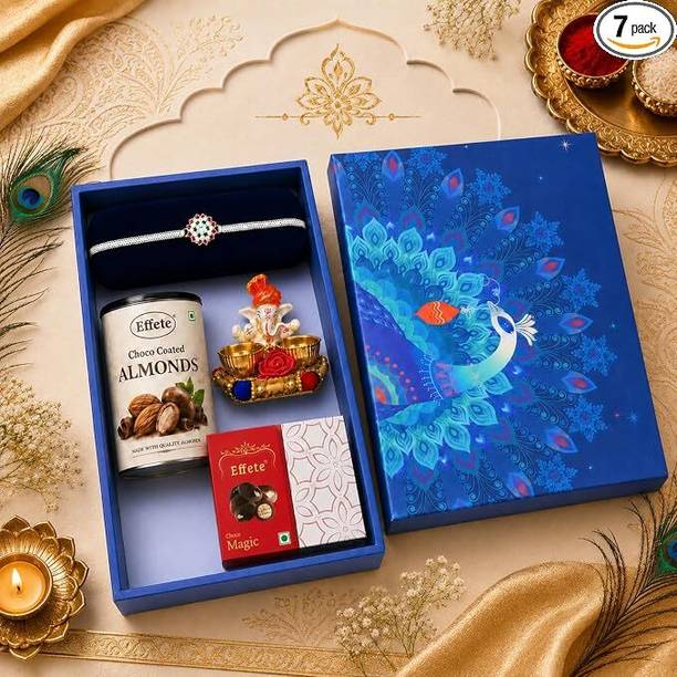 Effete Rakhi With Chocolate & Pooja Item|Roli-chawal|Coin|Greeting Card_ Assorted Gift Box