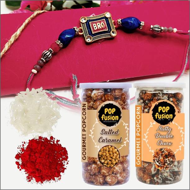 Popfusion Rakhi Gift Double Chocolate & Caramel Popcorn with Bro Rakhi Tikka Special Pack Paper Gift Box