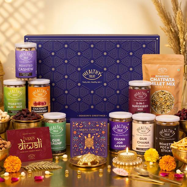 Healthy Treat Grand Diwali Gift Hamper, Healthy Snacks, Vastu Turtle, Brass Diya & Diwali Card Assorted Gift Box