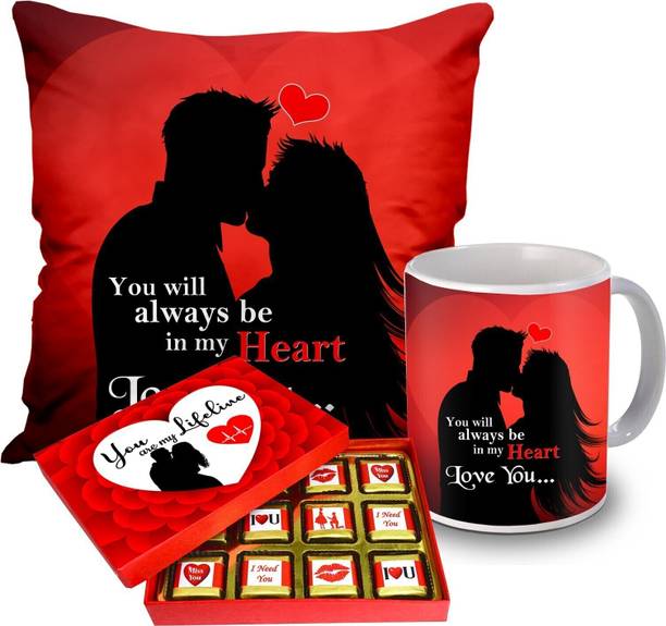 Midiron Sweet and Cozy Valentine’s Combo: Chocolate Box, Mug & Cushion Gift Set Ceramic, Fiber Gift Box