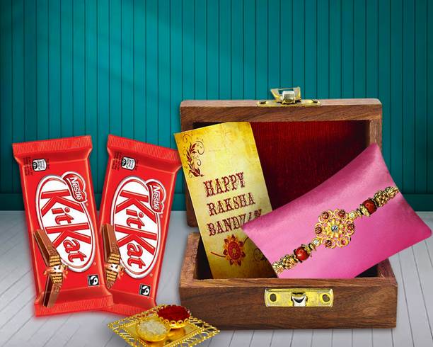 Midiron Rakhi Wooden Hamper for Brother with Chocolate Bars & Ritual Kit Assorted Gift Box