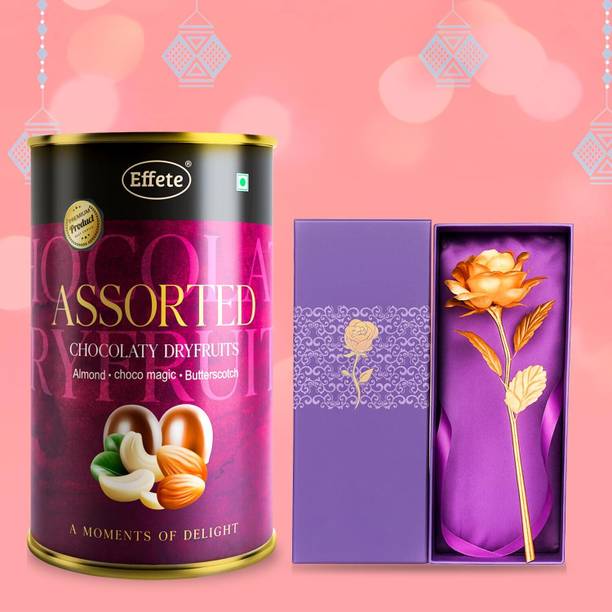 Effete Golden Red Rose with Gift Box & Chocolate Assorted (96g) Brass Gift Box