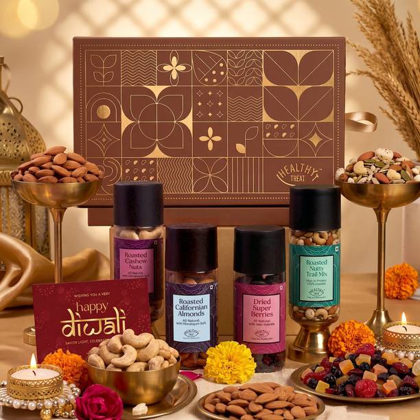 Healthy Treat Delight Diwali Gift Hamper, Roasted Dry fruit with Diya and Diwali Card Assorted Gift Box