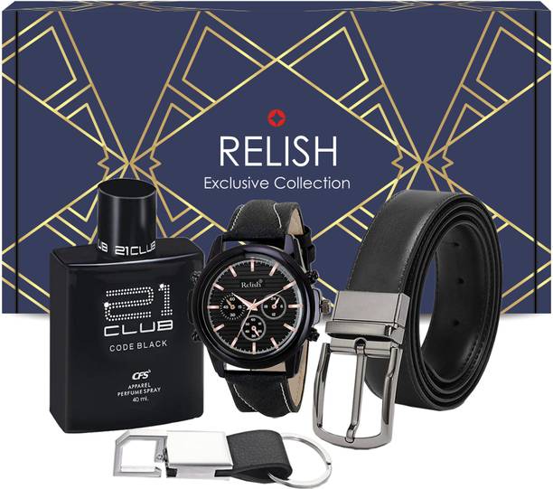 Relish Black Watch, Perfume, Belt and keychain Combo for Men .Diwali Gift for Brother Paper Gift Box