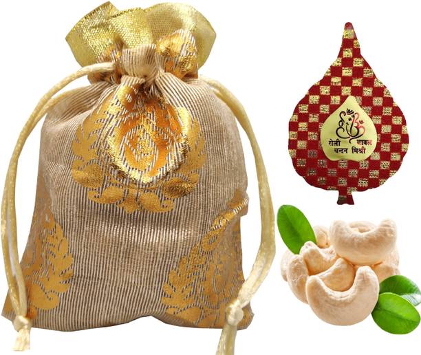 Popfusion Bhai Dooj Gift Premium Cashew Potli with Silk Thread Roli Chawal Chandan Mishri Assorted Gift Box