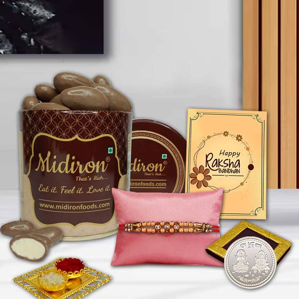 Midiron Complete Rakhi Gift Almond Chocolates, Coin, Roli Akshat & Card for Brother Assorted Gift Box
