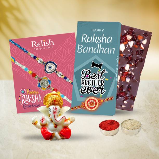 Chocoloony Rakhi Gift Combo for Brother, Almond Chocolate Bar, Ganesh Ji, 2 Rakhi Pack Assorted Gift Box