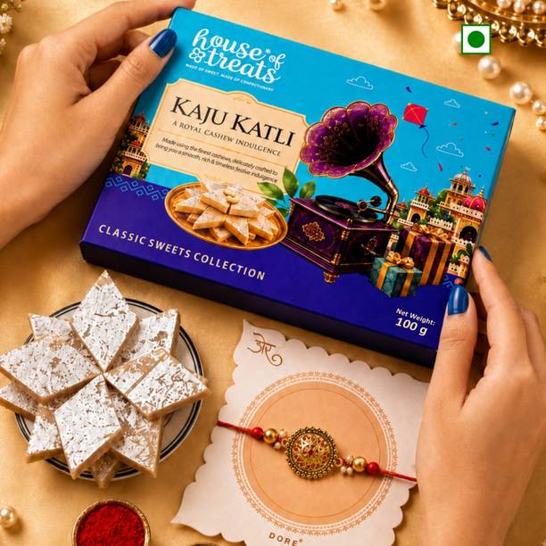 HyperFoods Rakhi with Sweets Gift Pack Rakhi Set for Brother with Kaju Barfi Gift Box Paper Gift Box