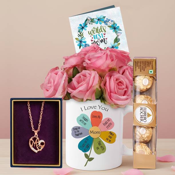 TIED RIBBONS Mother’s Day Gift Combo – Flowers, Mug, Mom Pendant, Chocolate & Card Assorted Gift Box
