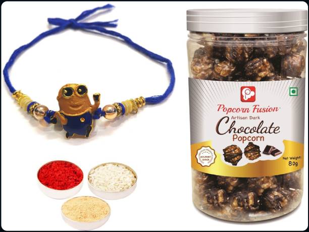 Velour Shoppe NEW_Minion Rakhi with Chocolate Popcorn Assorted Gift Box