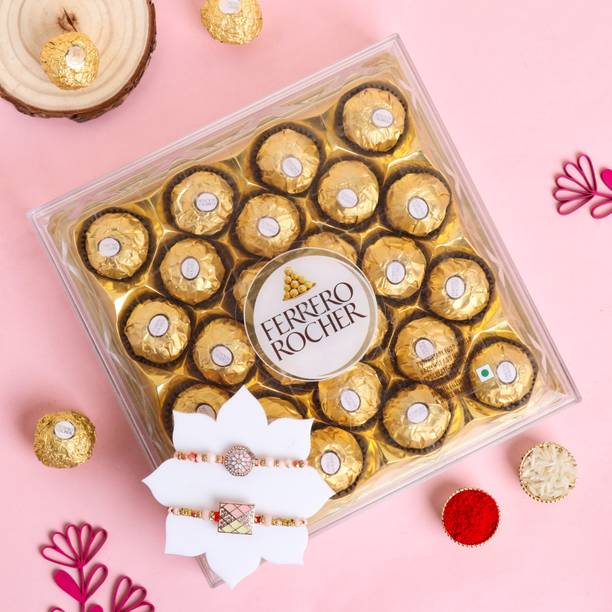 Floweraura Set of 2 Pink Elegenat Stone Rakhi Set With Pack of 24 Choco Rolls Chocolate Paper Gift Box