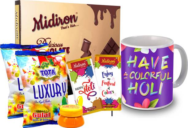Midiron Holi Gulal Colous and Chocolate Combo Pack| Holi Gulal Gift Hampers Ceramic Gift Box