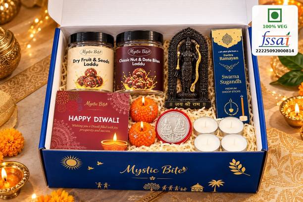 MYSTIC BITE Diwali Gift Hamper with Shri Ram Idol, Nut & Date and Dry Fruit Seeds Laddu Assorted Gift Box