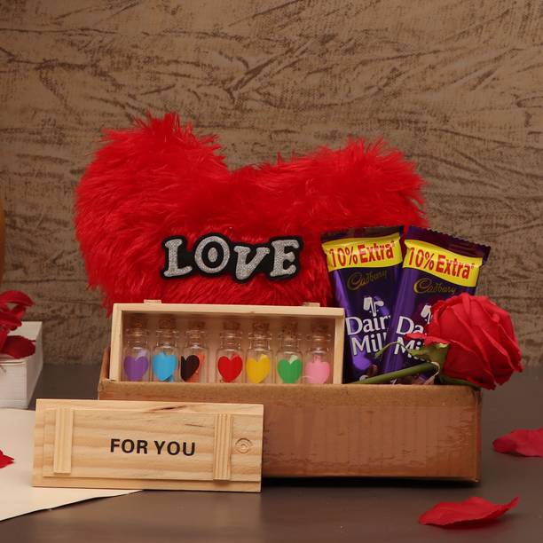 TIED RIBBONS Valentine Gifts for Boyfriend Girlfriend Husband Wife Girls Boys - Message Bottle Gift for Love - Love Gift Pack (Love Messages Bottle Box ,Cushion, Artificial Rose and Chocolates) Assorted Gift Box