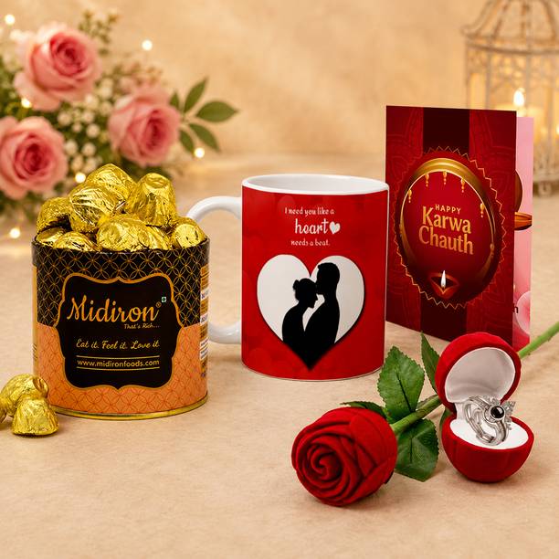 Midiron Festive Karwa Chauth Gift for Wife - Unique Mug and Rose Ring Combo Assorted Gift Box