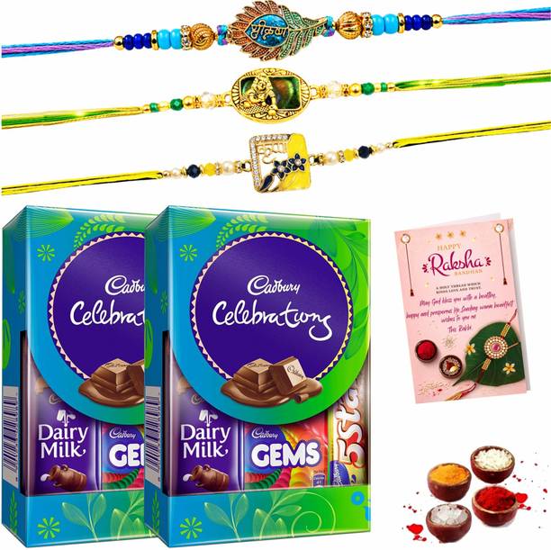 FabBites Krishna Ji Rakhi Set of 3 with 2 Chocolate Packs, Roli Chawal & Greeting Card Paper Gift Box