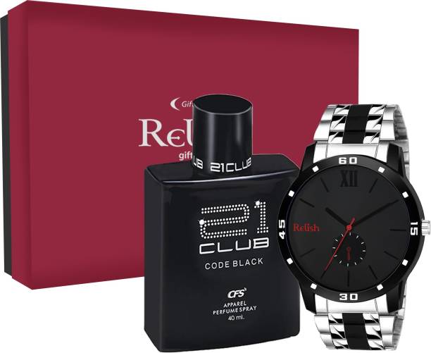 Relish Analog Black Dail Watch with Perfume Mens Combo Pack for Men, Gift Set for Diwali, Birthday, Anniversary and Special Occasion Paper Gift Box