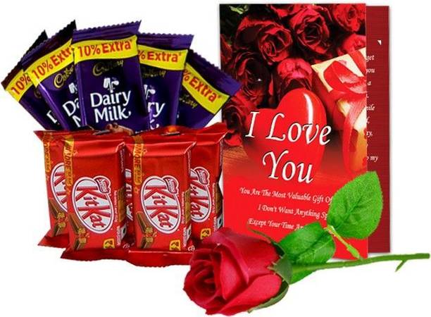 Midiron Chocolate Gift| Valentine Day Chocolate Gift for Girlfriend, Boyfriend, Chocolate Gift for Valentine's Day, Birthday, Anniversary and Other Special Day| Chocolate Gift Set IZ21DM5KitKat5RoseCDLove4-01 Paper Gift Box