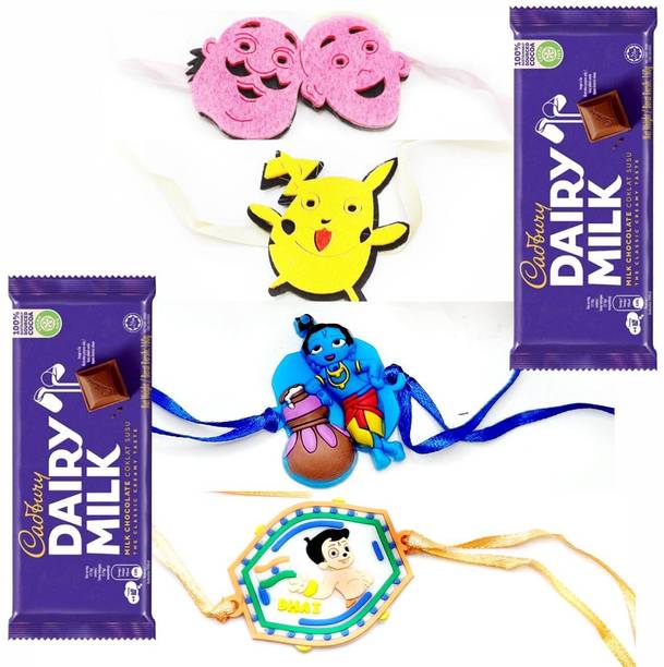 Popfusion Rakhi Gifting, Set of 4 Kids Rakhi, 2 Dairy Milk Chocolates Tikka Paper Gift Box