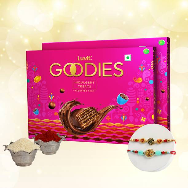 LuvIt Goodies Chocolates Treats Gift Pack With 2 Beautiful Rakhi | Gift for Brothers | Assorted Gift Box