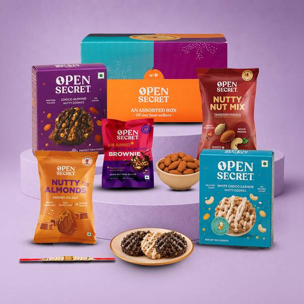 OPEN SECRET Rakhi Gift Hamper for Brother | 4 Cookies, 2 Flavoured Nuts, Brownie & Rakhi Assorted Gift Box