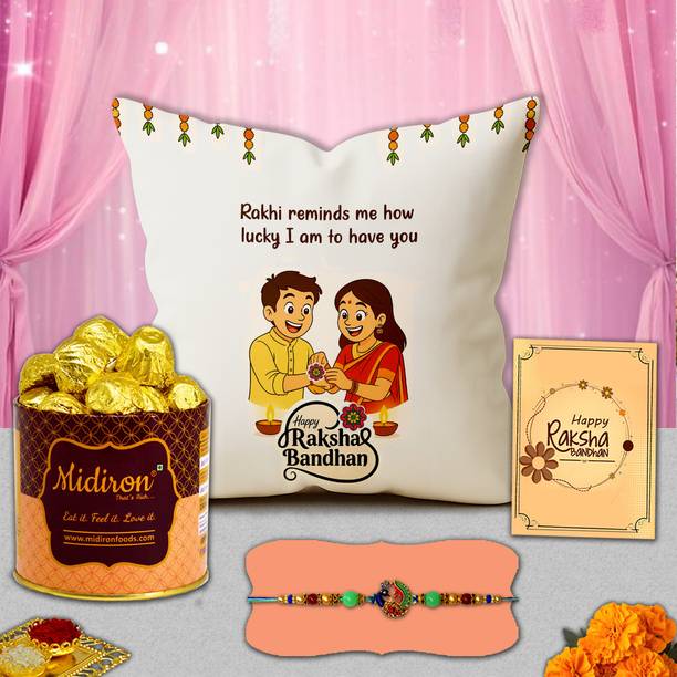 Midiron Special Rakhi Cushion Gift for Bhaiya – Handmade Chocolate Surprise Box for Him Assorted Gift Box