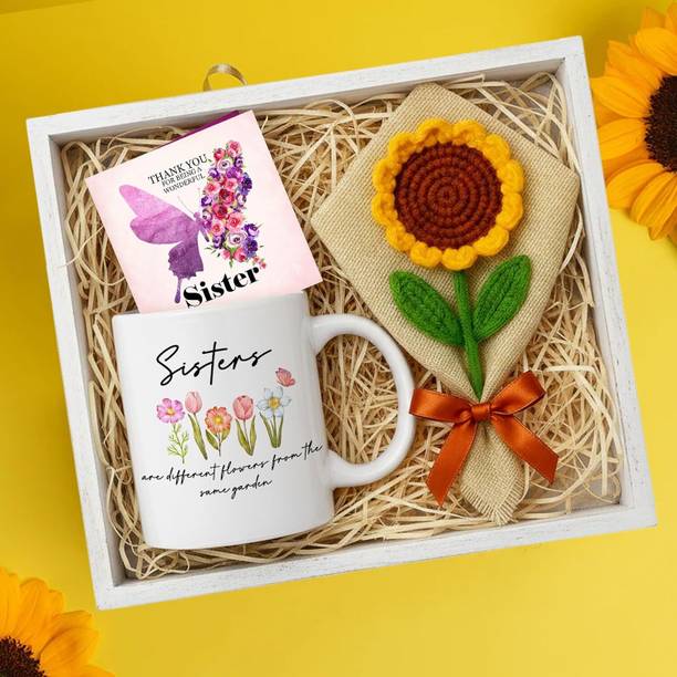 TIED RIBBONS Rakhi Gift Combo for Sister with Printed Mug, Crochet Flower Bouquet & Card Assorted Gift Box
