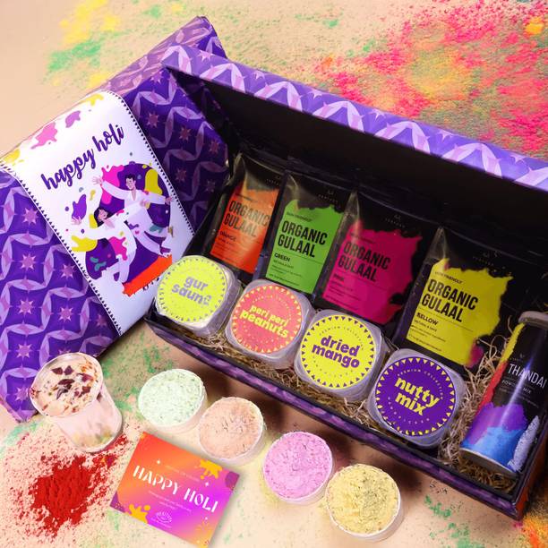 Healthy Treat Festive Fun Holi Gift Box I Holi Gift Hamper I Snacks, Thandai, Herbal Gulal Assorted Gift Box