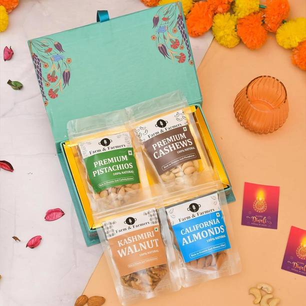 Farm & Farmers Premium Dry Fruit Diwali Gift Hamper | Walnuts, Cashews, Pista, Almonds(4 x 80g) Assorted Gift Box