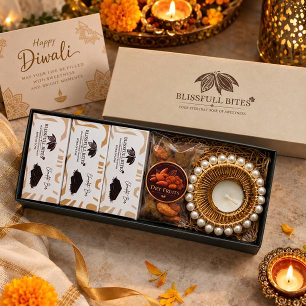 BLISSFULL BITES Diwali Gift Hamper with 6 Chocolate, Dry Fruits & Diya, Premium Festive Gift Box Assorted Gift Box