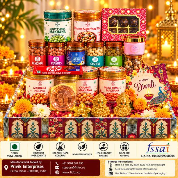 fitfox Premium Luxury Diwali Gift Hamper – 20 Items |Traditional Festive Gifts Wooden Gift Box