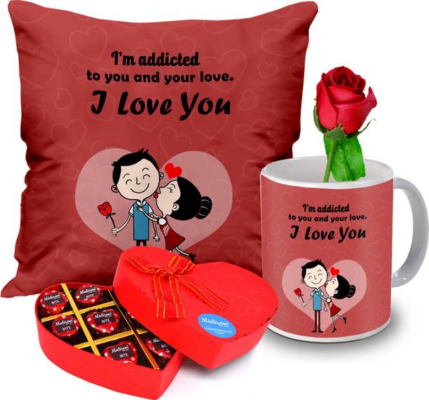 Midiron Love Gift For Wife/Lover/Her/Him/Couple -Cushion/Mug/Artificial Rose/Chocolate Ceramic Gift Box