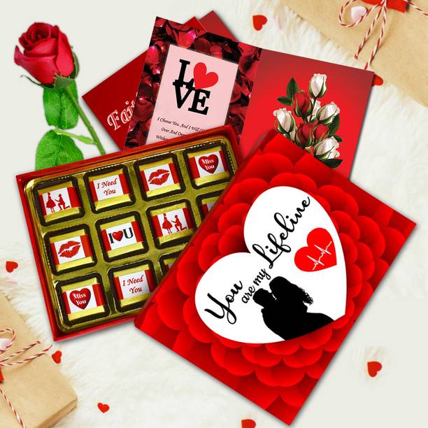 Midiron Chocolate Gift Pack with Love You Greeting Card, and Beautiful Red Rose Gift for Girlfriend, Wife, Boyfriend, Husband and Someone Special, Valentine's Day, Birthday, Anniversary and Love Gift Paper Gift Box
