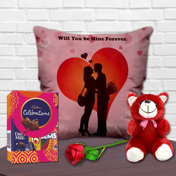 Midiron Gift Box With Printed Cushion| Soft Teddy & Red Rose | Chocolate Bar Fiber Gift Box