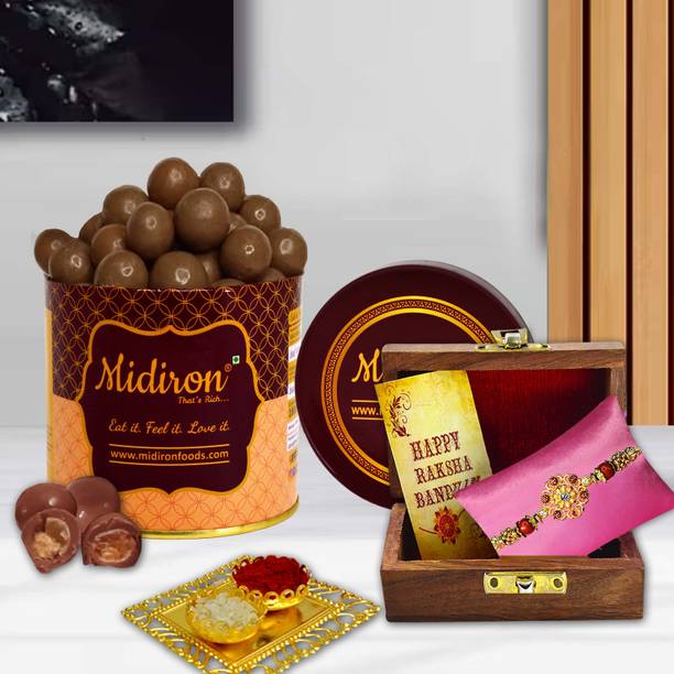 Midiron Classic Rakhi Gift Wooden Box Butterscotch Chocolates & Ritual Pack for Brother Assorted Gift Box