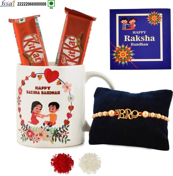 PRIDE STORE Delicious Kit-Kat Chocolates with Happy Rakshabandhan Mug & Traditional Thali Paper Gift Box