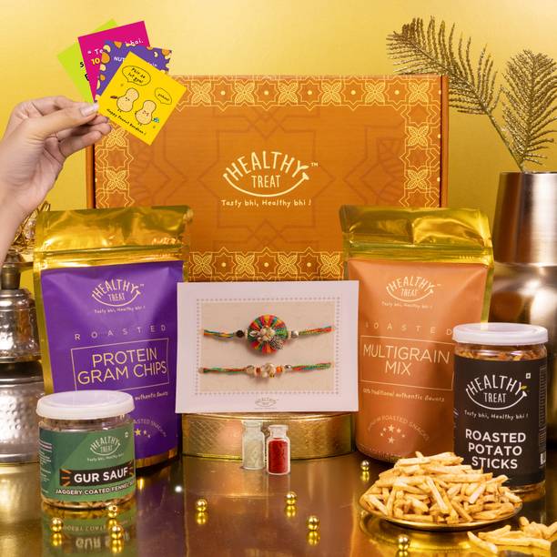 Healthy Treat Eternal Rakhi Gift Hamper |Roasted Snacks, A pair of Rakhi Roli Chawal, Sticker Assorted Gift Box