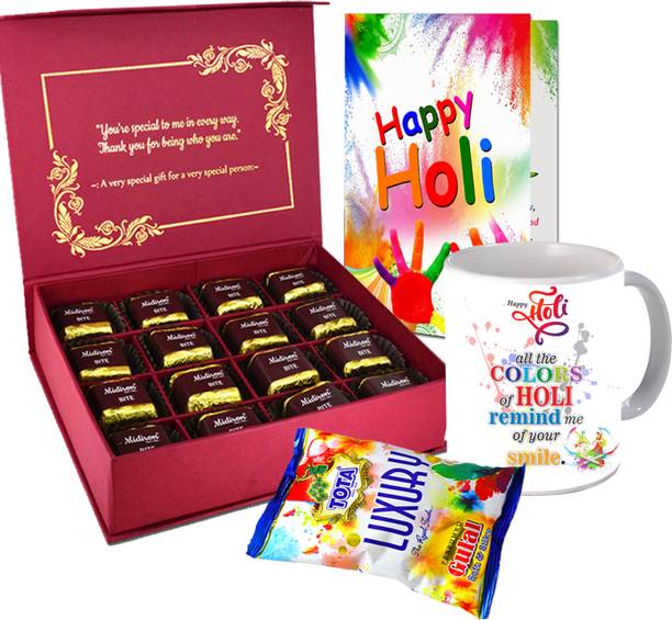 Midiron Herbal Non Toxic Gulal Chocolate Gift Hamper|Holi Greeting Card Ceramic Gift Box